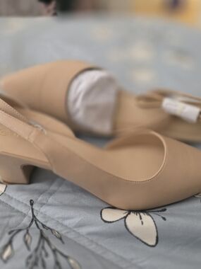 Classic Nude Slingback Low Block Heel Pumps